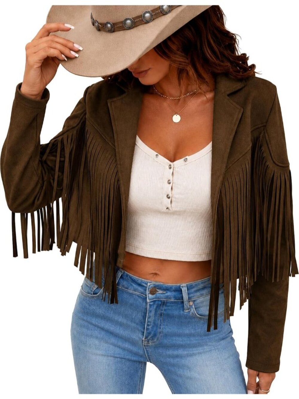 Women's Dark Brown Suede Leather Tassel Jackets With Lining Cropped Fringe Coats